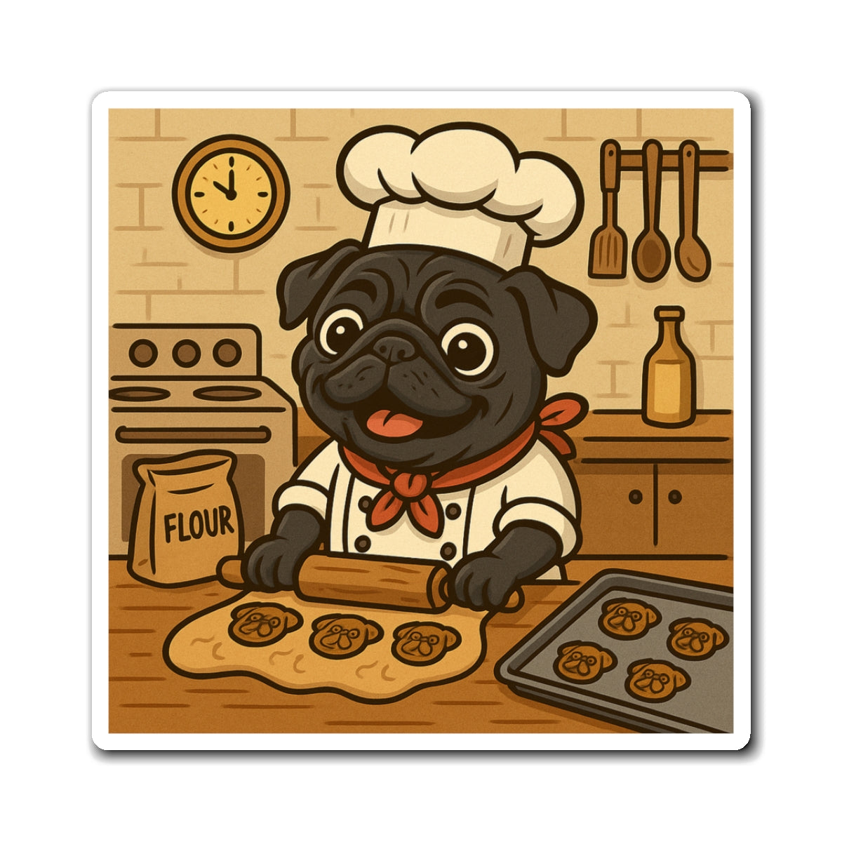 Pug Baker Magnet — Cute Chef Dog Refrigerator Sticker