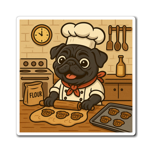 Pug Baker Magnet — Cute Chef Dog Refrigerator Sticker